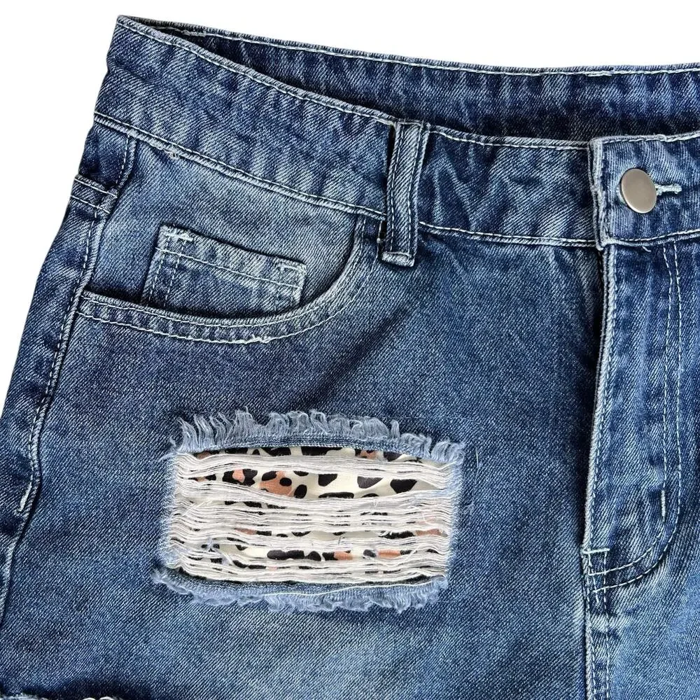 Womens Distressed Edgy‎ Jean Shorts Medium Leopard Pockets Frayed Hem Summer